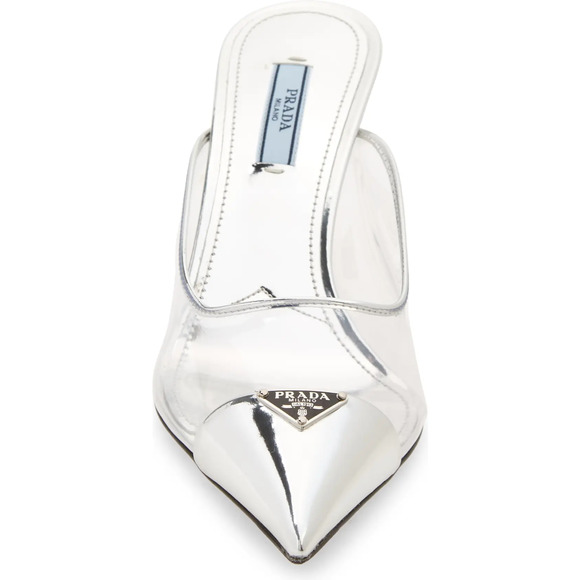 Prada Modellerie Clear PVC Silver Backless Pointed Sandal Mule Heel Pump 37.5 - Picture 6 of 12